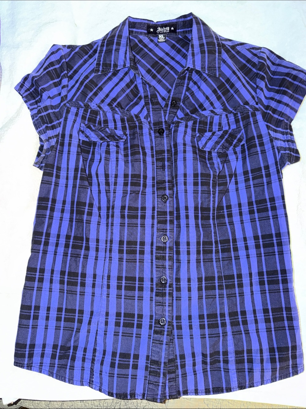 Abbey Dawn, by Avril Lavigne Black and Purple Plaid Short-Sleeve Button-Down